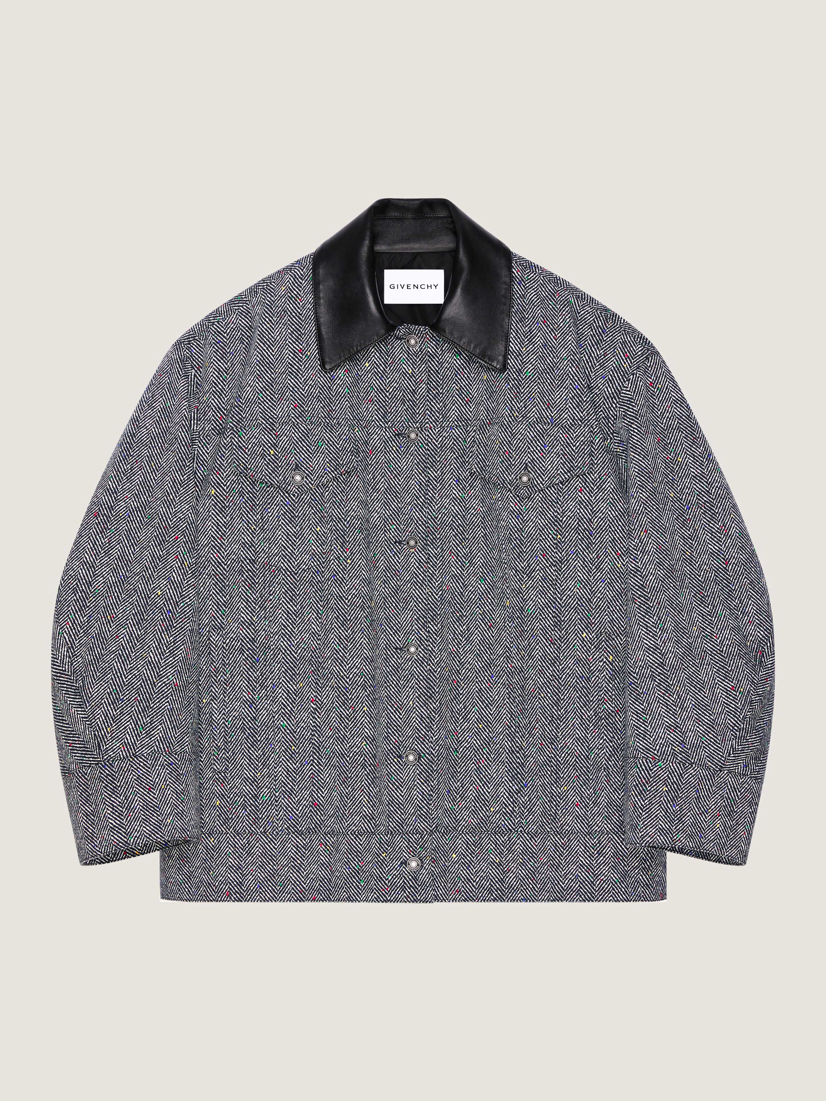 Cocoon jacket in cotton herringbone with leather collar